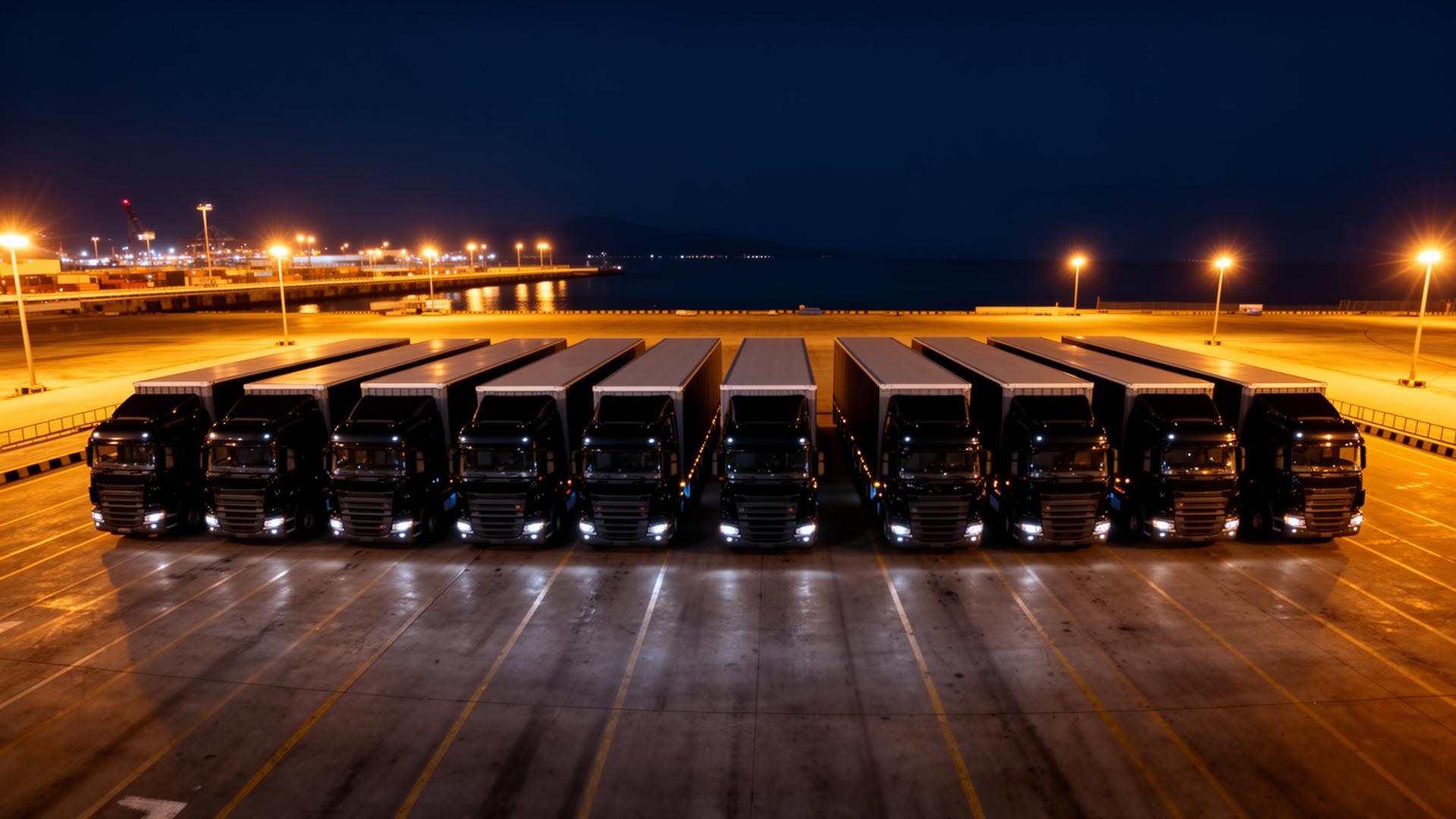Symmetric fleet of trucks at a logistics port